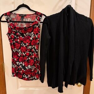 White House Black Market NEW! XXS Black/Red Floral Blouse + Cyrus XS Sweater